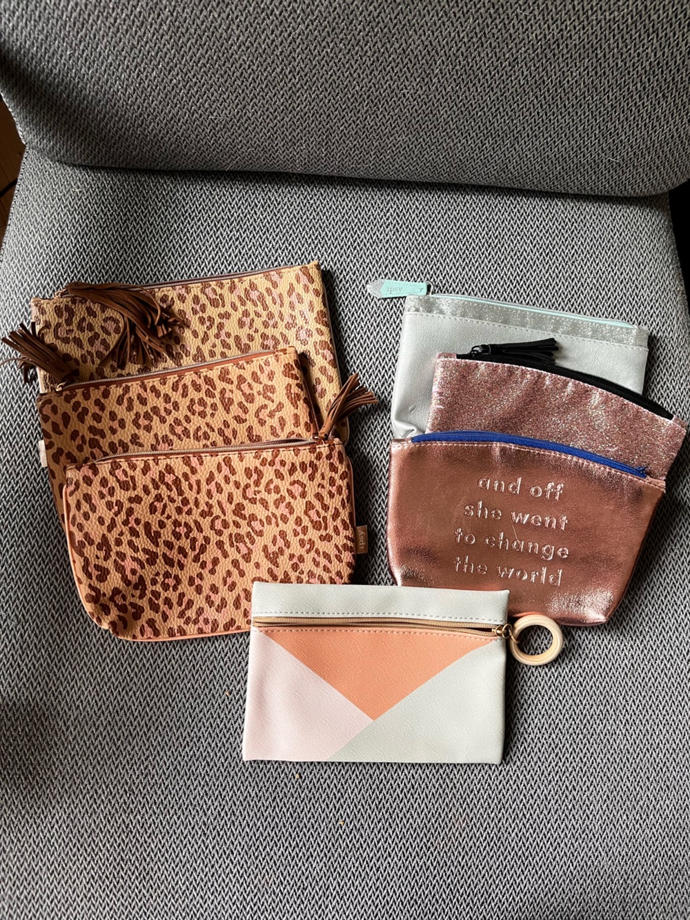Set of 6 Ipsy Small Zip Bags. Gold, Animal Print, Silver. Approximately 4 x 7”
